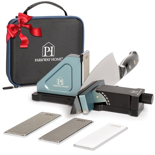 Parkway Home Original verstellbares Rollmesserschärfer-Set: verstellbare Höhe, 10 ° bis 40 ° für 30 Winkeloptionen, abnehmbare Diamantplatten mit Reiseetui, Küchenmesserschärfer in Schwarz und Blau von Parkway Home