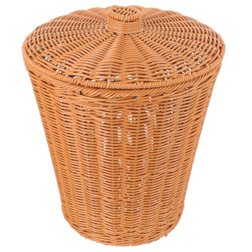 Parliky Runder Aufbewahrungskorb mit Deckel im Imitations Rattan Design Vielseitiger Müllbehälter für Schlafzimmer Wohnzimmer und Badezimmer Leicht und Platzsparend für Organisation von von Parliky