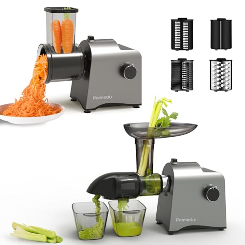 Parmedu Slow Juicer Mastizier-Entsafter & Gemüsereibe: Kaltpress-Entsafter für Gemüse & Obst Elektrischer Salatschneider mit Rückwärtsfunktion 250W Leiser Motor, Leicht zu Reinigen, Sellerie-Entsafter von Parmedu