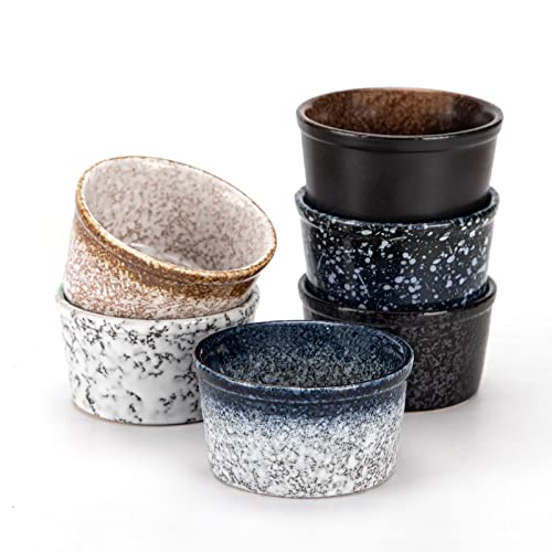 PARMEDU Auflauf- & Souffléförmchen-Set aus Keramik, 6 Mini-Porzellanschalen, 100ml im Zen-Stil, Backofenfeste Tassen/Schüsseln für Puddings, Brûlées, Soufflés, Eis, Dip-Saucen, Snacks, Modell BK002 von Parmedu