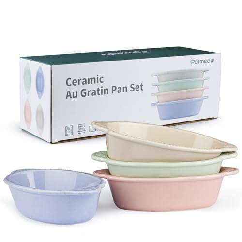 PARMEDU Keramik-Gratinpfannen-Set: 4 ovale Porzellan-Backformen 200 ml zum Backen, Lasagne-Pfannen, Crème Brulee-Backformen-Set mit Doppelgriffen, spülmaschinen- und ofenfest von Parmedu