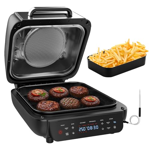 Parmedu Airfryer Indoor Grill Heißluftfritteuse: 12-in-1 Rauchfreier Innenbereich-Grill mit Braten Rösten Dämpfen bis zu 250°C 1800W Kontaktgrill 6,5L mit Spülmaschinenfesten Teilen, Smart Thermometer von Parmedu