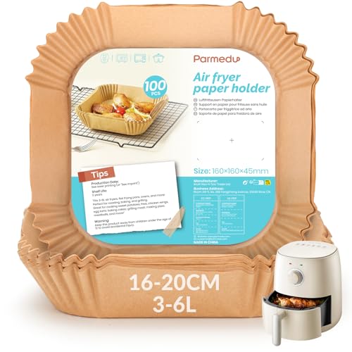 Parmedu Backpapier für Heißluftfritteuse, 100 Stück - 16-20 cm Quadrat für 3-6 L Körbe - Ungebleichte Airfryer Backpapier - Ideal für Ofen, Pfannen und Backen von Parmedu