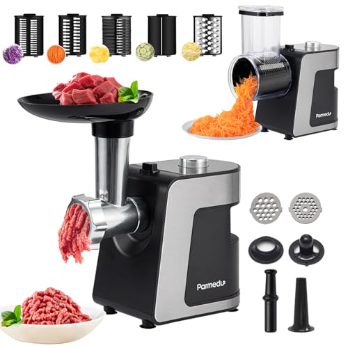 Parmedu Elektrischer Fleischwolf & Gemüsehobel & Käsereibe 2-in-1 Automatischer Multizerkleinerer Küchenreibe Mandoline Parmesanreibe Salatmaschine Wurstmaschine Wurstfüller Kibbeh Maker von Parmedu