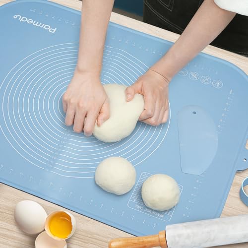 Parmedu Extra Große Verdickte Silikon-Teigunterlage: 80x60cm Antihaft-Knetmatte mit Aufbewahrungsgurt & Teigschneider Hitzebeständige Silikon-Backmatte Arbeitsplattenmatte Rutschfeste Teigausrollmatte von Parmedu