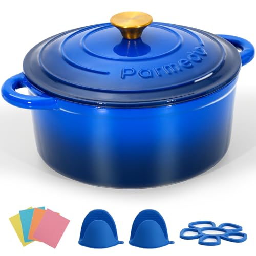 Parmedu Schmortopf aus emailliertem Gusseisen, 5,5 l Topf mit Deckel, Doppelgriff, robustes Kochgeschirr zum Schmoren, Eintöpfe, Braten, Brotbacken, Kobaltblau von Parmedu