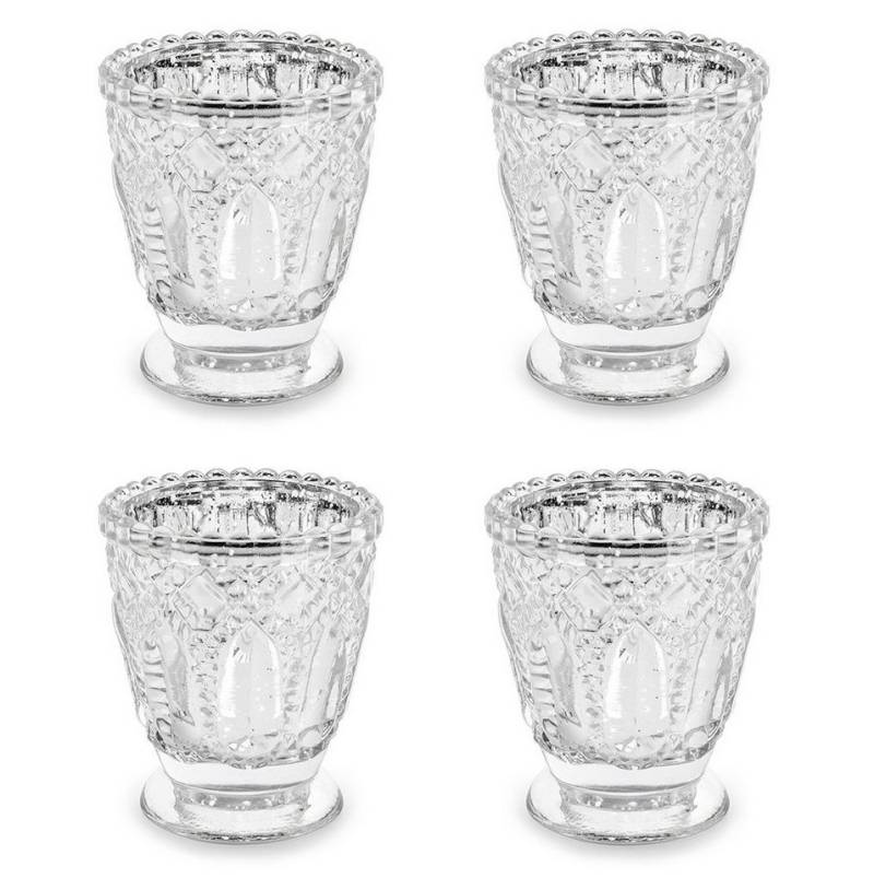 partydeco Teelichthalter, Teelichtgläser Kelch geprägte Ornamenten 7x8cm silber 4er Set von partydeco