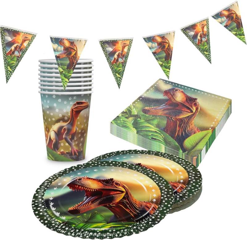 Party Factory Geschirr-Set Dino realistisch Partyset Teller Becher Servietten Wimpelkette, 8 Personen, ausdrucksstarkes, farbintensives Design, stabile Ausführung von Party Factory