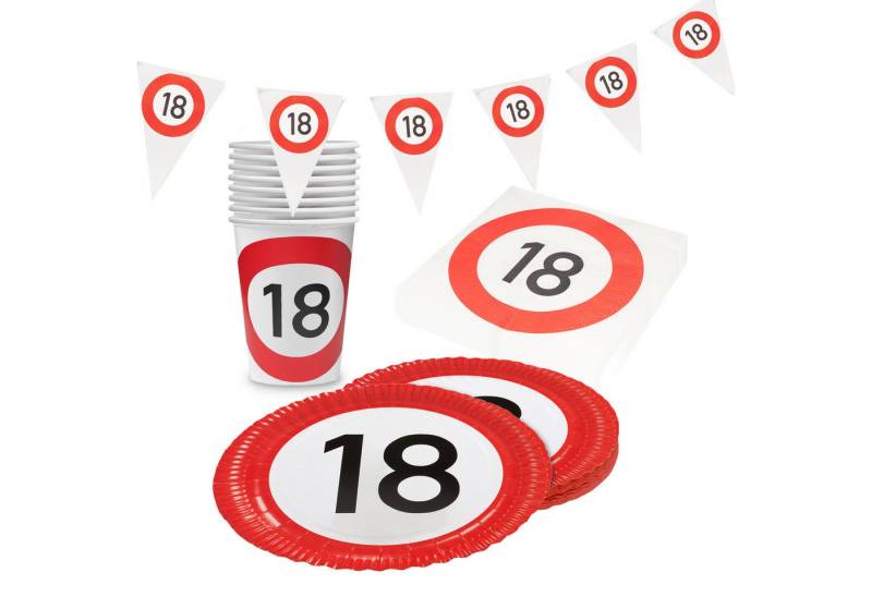 Party Factory Geschirr-Set Happy Birthday 18 Jahre Partyset Teller Becher Servietten Wimpelkette, 8 Personen, im witzigen witzige Verkehrsschilder-Design von Party Factory