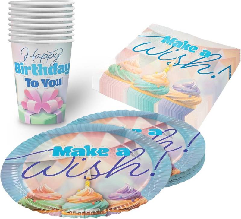 Party Factory Geschirr-Set Happy Birthday Party-Set in Pastell-Farben dezent dekorativ, 8 Personen, Sanfte Farben für eine festliche Stimmung von Party Factory