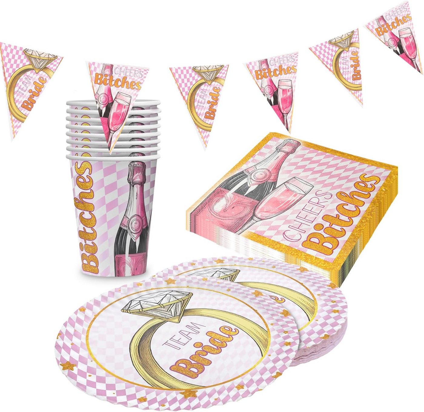 Party Factory Geschirr-Set JGA Bachelorette Bling Bling Teller Becher Servietten Wimpelkette, 8 Personen, Design in Pink, Rosa, goldfarben und Diamanten-Optik Party Factory Geschirr-Set JGA Bachelorette Bling Bling Teller Becher Servietten Wimpelkette, 8 Personen, Design in Pink, Rosa, goldfarben und Diamanten-Optik von Party Factory
