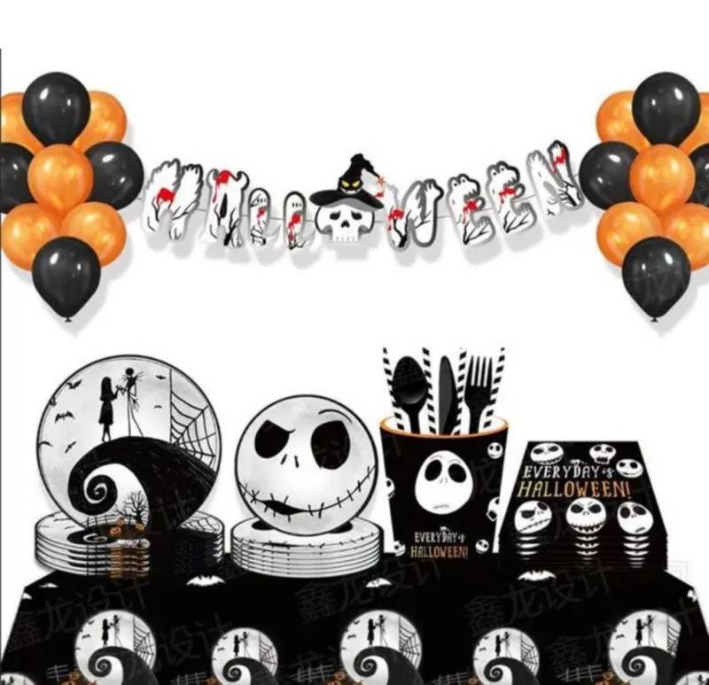 Party Flamingo Geschirr-Set Halloween Party Deko Set 10 Gäste Teller Becher gruselig Skelett (70-tlg) von Party Flamingo