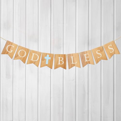 Party to Be God Bless Rustikale Erstkommunion Banner Holz Taufe Dekorationen für Jungen Mädchen Taufe Blaues Kreuz Konfirmation (Design 05) von Party to Be