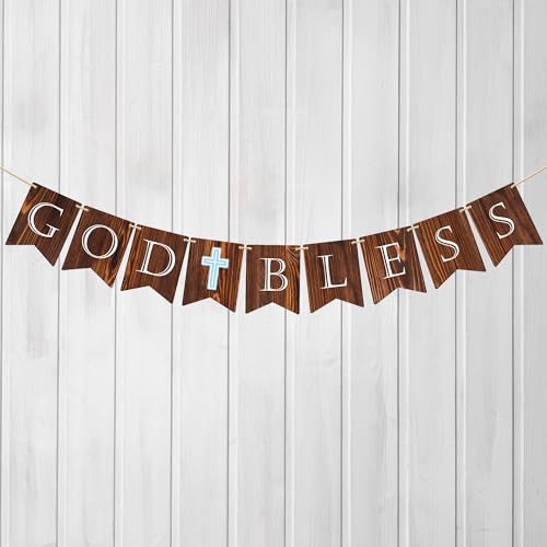 Party to Be Rustikaler Gott Segen Holz Taufe Banner Erstkommunion Dekorationen Blaues Kreuz Taufe Konfirmation für Jungen Mädchen (Design 02) von Party to Be