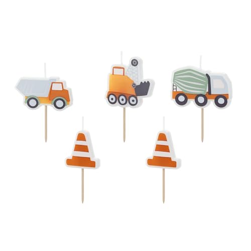 Geburtstagskerzen Baustelle 3-4,5cm 5er Set - Tortenkerzen für Kindergeburtstag Junge Geburtstag - Wachskerzen Kuchenkerzen als Geburtstagsdeko - Tortendeko & Kuchendeko - Weiß Orange von PartyDeco