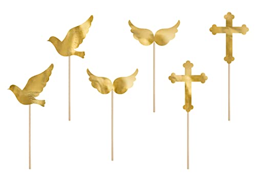 PartyDeco Mellilu Erstkommunion Taufe Cake Topper Gold 8,5 cm - 11 cm, 6 St. Cup Cake Topper Kuchenstecker von PartyDeco