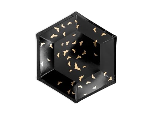 Pappteller 20cm mit Fledermäusen 6er Set - Sechseckige Partyteller - Einwegteller plastikfrei - Partygeschirr Kindergeburtstag Halloween - Partydeko Tischdeko & Partyzubehör - Schwarz Gold von PartyDeco