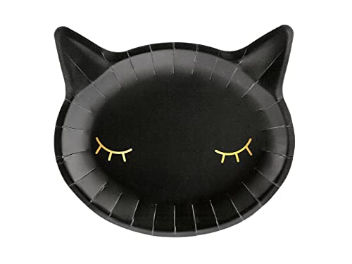 Pappteller Kätzchen 22x20cm 6er Set Partyteller Einwegteller Partygeschirr Kindergeburtstag schwarz/Katze Pappteller schwarz mit goldenen Druck- Halloween dekorative Familie Teller von PartyDeco