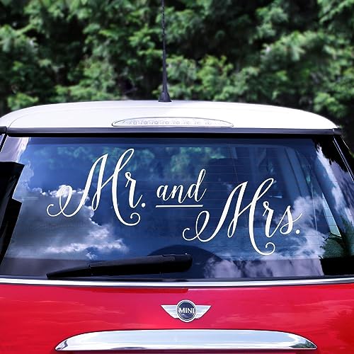 PartyDeco Autoaufkleber mit Mr&Mrs- Autoschmuck Selbstklebend- Hochzeitsbanner Hochzeitsbeschriftung in weiß von PartyDeco