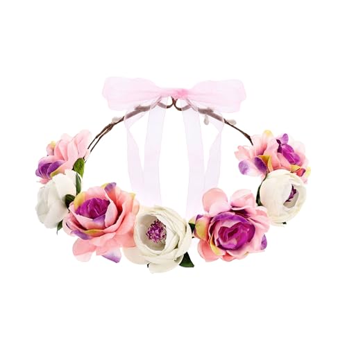 PartyDeco Blumenkranz für Haare 17cm - flexibel einstellbar - Boho Haarkranz mit Blumen - Blumenhaarkranz als Kopfschmuck für Hochzeit JGA Festival - Haarschmuck & Haar Accessoires - Rosa Pink von PartyDeco