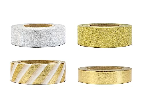 PartyDeco Decorative Tape Silver Glittery, Glittery and metallic Gold, Mix 4x10m, 1/1,5cm breit self-Adhesive (Washi Tape) DTP2 von PartyDeco