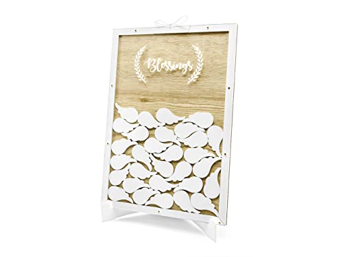 PartyDeco Gästebuch aus Holz Blessings für Hochzeit Taufe 27x39cm weiß - Holzgästebuch mit 30 blanko Engelsflügeln zum Eintragen von Wünschen Sprüchen von PartyDeco