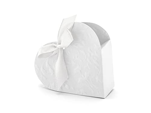 PartyDeco Geschenkbox Herz mit Schleife – Gastgeschenk Hochzeitsdeko Schachtel – Weiß, 10 x 9 x 3 cm, 10 Stück von PartyDeco