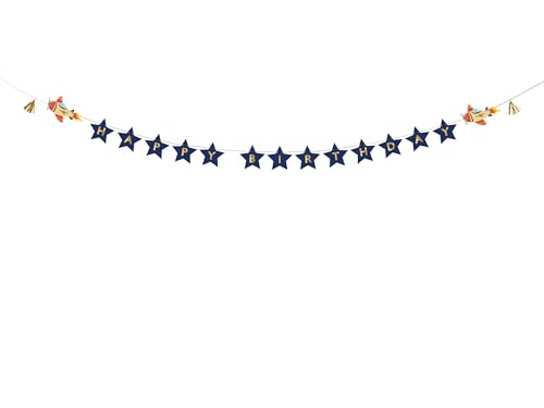 PartyDeco Happy Birthday Girlande 13x250cm - Banner mit Flugzeug Motiv - Deko Kindergeburtstag Geburtstag - Blau Gold von PartyDeco