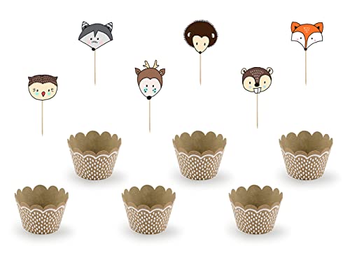 PartyDeco Muffin Förmchen 5x7,5x5cm & Cake Topper 7-10cm Woodland bunt 6er Set, 12-teilig - Waldtiere Muffin Set - Cupcake Topper und Backförmchen für Kindergeburtstag Tierparty von PartyDeco