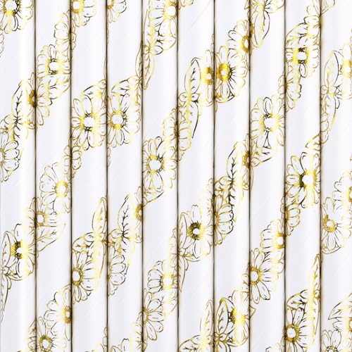 Papierstrohhalme mit Blumen 10er Set 19cm Trinkhalme - Einweg Cocktail Strohhalme - Getränke Deko Partyzubehör - Weiß Gold von PartyDeco