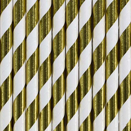 PartyDeco Papier Strohhalme Gold mit weißen Diagonalstreifen- Dekorative Strohhalme für Getränke Cocktail- Dekoration für Geburtstag Party Silvester Junggesellinnenabend Einweggeschirr Löffel von PartyDeco