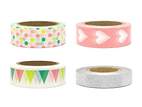 PartyDeco Washi Tape 4er Set 10-15mm x 10m mit Muster & Motiv Herz Punkte Glitzer - Dekoratives Papierklebeband selbstklebendes Dekoband für Bastelzubehör Scrapbooking Journaling und DIY Deko von PartyDeco