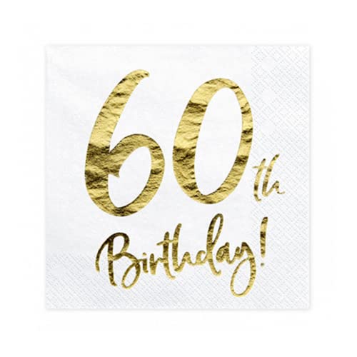 PartyDeco Weiße Papierservietten mit der Aufschrift 60th Birthday- 60. Geburtstag Dekorationen für Runde Geburtstag- Dekorative Servietten Papiertaschentücher Taschentücher Bedruckte Tabelle von PartyDeco