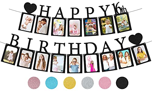 Sweet 16 Birthday Decorations Photo Banner in Black Pre-assembled - Sweet 16 Banner with 16 Photo Card Frames Party Supplies - Happy 16th Birthday decorations for girls with 16 Signs von PartyHooman