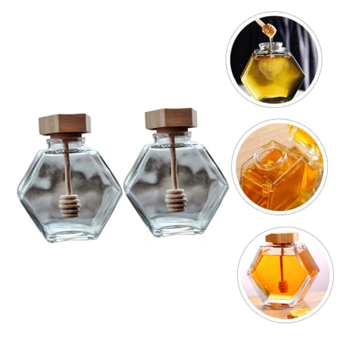 PartyKindom 2 Stück Teiliges Honigglas Sechseckiges Transparentes Vorratsglas mit Holzdeckel und Separat Abnehmbarem Rührstab Lebensmittelecht Leicht zu Reinigen Langlebig Wiederverwendbar von PartyKindom