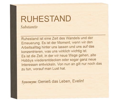 Definition Holzblock "RUHESTAND" – Personalisiertes Geschenk zur Rente – Holzdeko mit Gravur – Dekoschild für Zuhause & Büro – 15 × 15 cm – Ruhestand Geschenkidee von PartyMagix