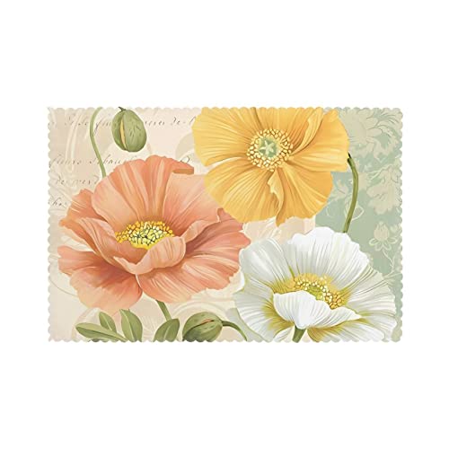 Pastellfarbene Mohnblumen-Tischsets für Esstisch, 6-45,7 x 30,5 cm, leicht zu reinigen, hitzebeständig, wasserdicht, praktisch von PartyUnix