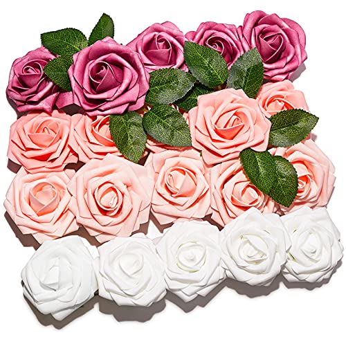 PartyWoo Künstliche Rosen, 20 Stück Kunstblumen, Künstliche Blumen, Deko Blumen, Schaumrosen, Kunstblumen Deko, Kunstblume für Geburtstagsdeko, Hochzeitsdeko, Party Deko (Rosa und Weiß) von PartyWoo