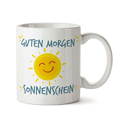 Partycards Tasse mit Spruch 'Guten Morgen Sonnenschein', Geschenk Freundin, Kaffeetasse Lustig, Tasse Lieblingsmensch, Bürotasse, ca.330 ML, Beidseitig Bedruckt, Spülmaschinengeeignet von Partycards