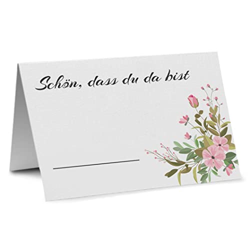 Partycards Tischkarten Hochzeit, Tischkarten Geburtstag, Platzkarten Kommunion, Namensschilder Konfirmation, Taufe, Format DIN A7, Set von 50 Stück, Blumen Design, Schön DASS du da bist von Partycards