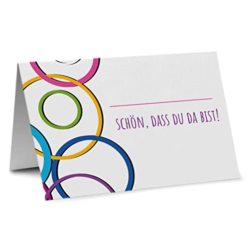 Partycards Goldene Hochzeit, Schön das Du da Bist, 50 Stück, Format DIN A7, Bunte Kreise Design, Tischkarten Geburtstag, Platzkarten Tischkarten Kommunion, Konfirmation von Partycards