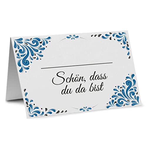 Partycards Tischkarten Geburtstag und Tischkarten Hochzeit, 50 Stück Format DIN A7, Namensschilder mit Ornamenten in Blau, bereits genutet, ideal für Kommunion und Konfirmation Platzkarten Geburtstag von Partycards