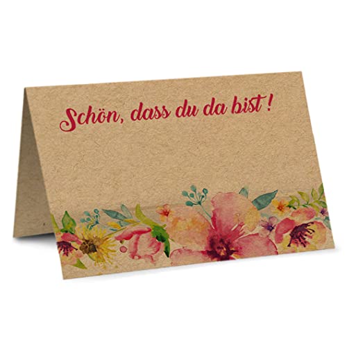 Partycards Tischkarten Geburtstag und Tischkarten Hochzeit - 50 Stück DIN A7, Blumen Motiv, Gedruckt auf Kraftpapier, Bereits genutet - Als Namensschilder für Kommunion und andere Veranstaltungen von Partycards