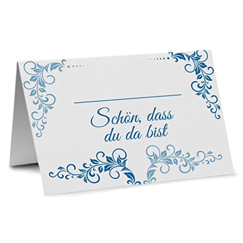 Partycards Namenskarten, Platzkarten, Tischkarten für Hochzeit, Geburtstag - 50 Stück, Blumen Ornamente, Blau, DIN A7 Namensschild Kommunion. Tischdeko Hochzeit von Partycards