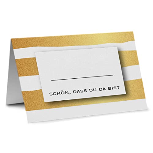 Partycards 50 Tischkarten/Platzkarten DIN A7 für Hochzeit, Geburtstag, Kommunion, Taufe (DIN A7, goldene Streifen) von Partycards