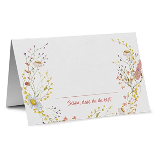 Partycards Platzkarten Tischkarten im Format DIN A7, 50 Stück, Blumen Design für Konfirmation, Kommunion, Hochzeit und Geburtstag Schön schön DASS du da bist Hochzeitsdeko Namenskarten von Partycards