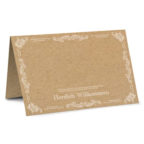 Partycards 50 Tischkarten Geburtstag Hochzeit im Format DIN A7, mit Weißen Ornamenten und Herzlich Willkommen - Ideal für Platzkarten Kommunion, Namenskarten Konfirmation, Taufe Tischdeko von Partycards