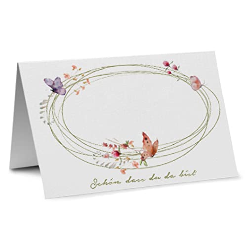 Partycards Tischkarten Geburtstag und Hochzeit, Format DIN A7, 50 Stück, Schön DASS du da bist' Design, Ideal für Kommunion, Platzkarten mit Blumen-Motiv, Namensschild Konfirmation goldene Hochzeit von Partycards