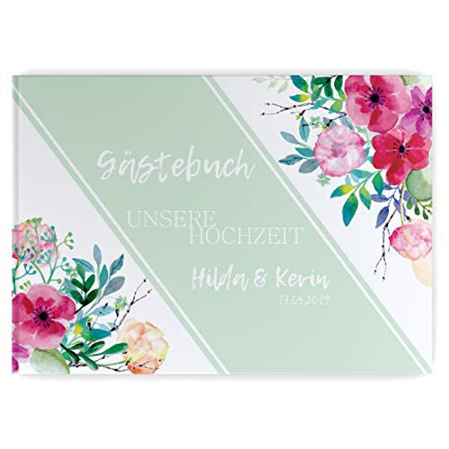 Partycards Hochzeitsgästebuch personalisiert mit 52 weißen Seiten in DIN A4 quer in Hardcover-Bindung (Blumen) von Partycards