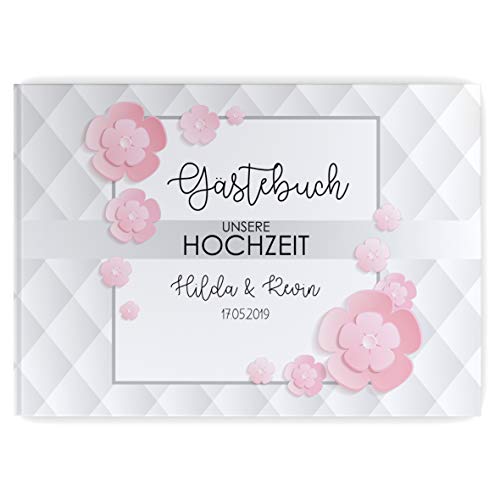 Partycards Hochzeitsgästebuch personalisiert mit 52 weißen Seiten in DIN A4 quer in Hardcover-Bindung (Blumen) von Partycards